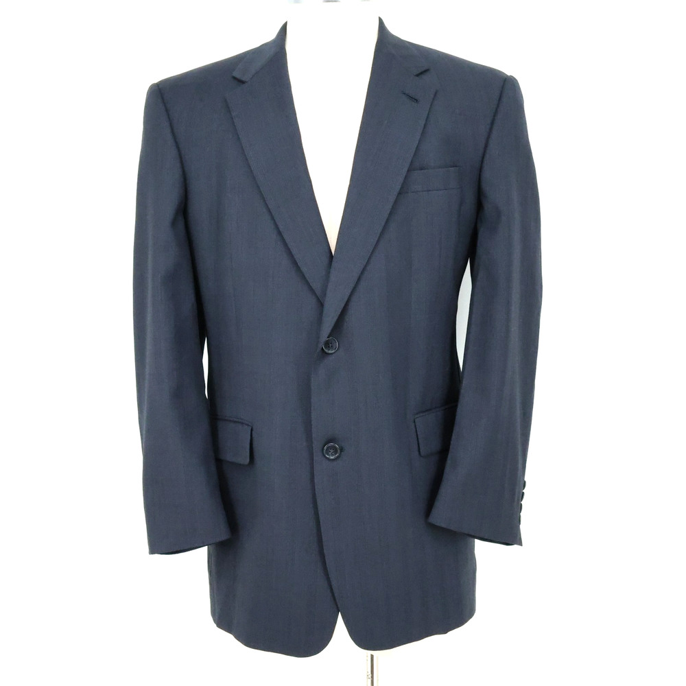 Hart Schaffner Marx Sport Coat Mens 44R Blue Wool Plaid Jacket Gold Trumpeter